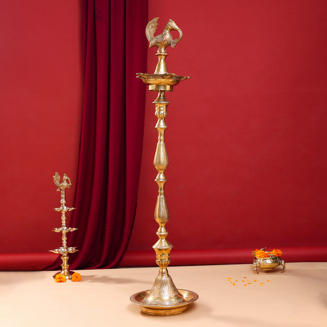 Brass Peacock Mahabharat Lamp (46 Inch)