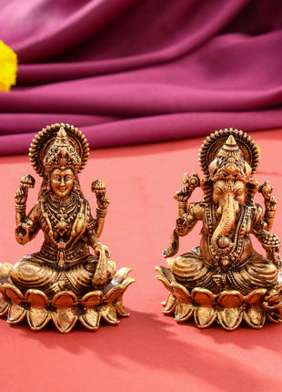 Brass Superfine Lotus Ganesha And Lakshmi Idols (2.5 Inch)