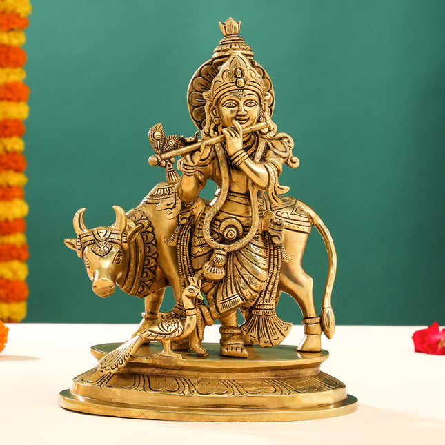 Brass Superfine Lord Krishna With Cow Idol (13 Inch)