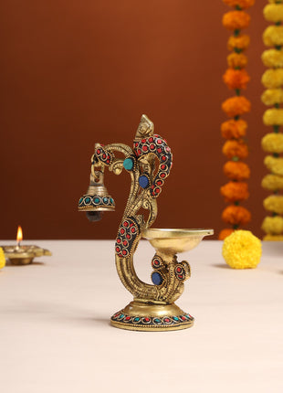 Brass Ethnic Peacock Diya With Hanging bell (6.5 Inch)