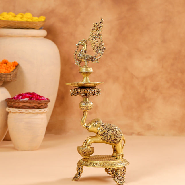Brass Peacock Diya On Dancing Elephant (30 Inch)