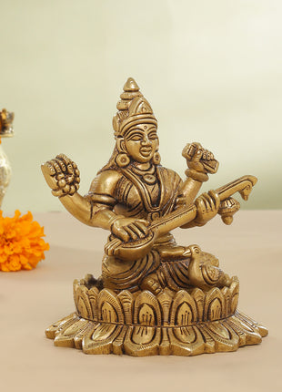 Brass Superfine Lotus Goddess Saraswati Idol (5.5 Inch)