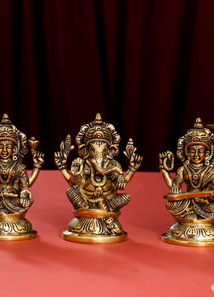 Brass Ganesha, Lakshmi And Saraswati Idol (4.5 Inch)