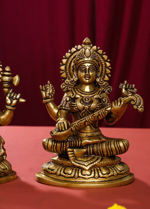Brass Superfine Ganesha Lakshmi Saraswati Set (8 Inch)