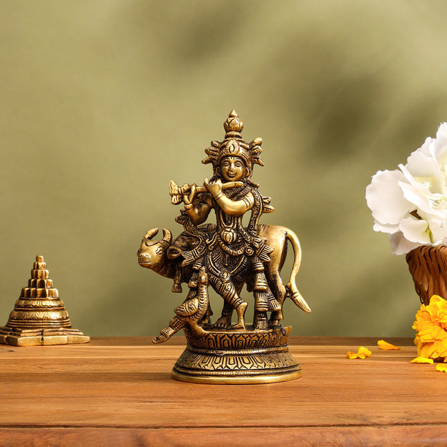 Brass Krishna With Cow Idol (5.5 Inch)