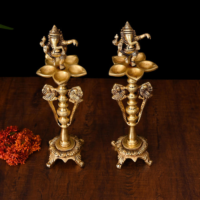 Brass Dancing Ganesha Five Petal Lamp Pair (12 Inch)