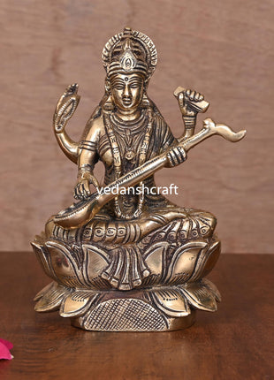 Brass Goddess Saraswati On Lotus (6.8")