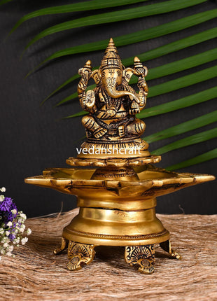Brass Ganesha Five Petal Diya (9 Inch)