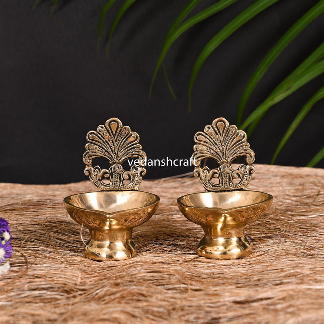 Brass Hand Carved Diya/Lamp Pair (3.8 Inch)
