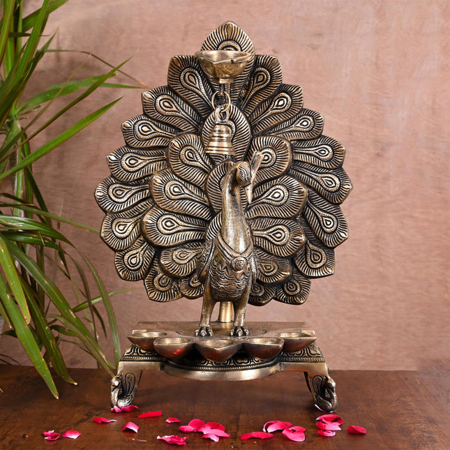 Brass Majestic Peacock Diya/Lamp With Bell (14.5 Inch)
