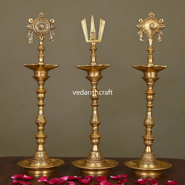 Brass Shankh Chakra And Namah Lamp Set (17 Inch)