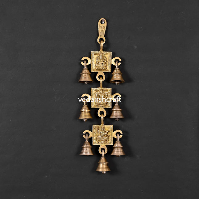 Brass Ganesha, Lakshmi And Saraswati Hanging Bell (12.5 Inch)