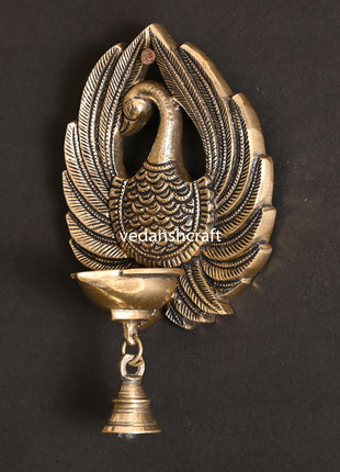 Brass Peacock Wall Hanging Diya With Bell (8 Inch)