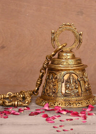 Brass Superfine Ganesha, Lakshmi And Saraswati Hanging Temple Bell (32.5 Inch)