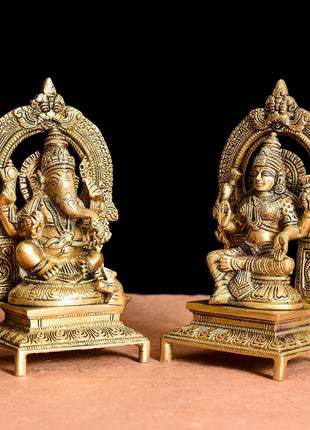 Brass Ganesh And Lakshmi On Throne Idol (7.5 Inch)