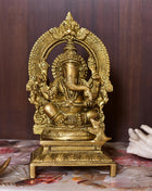 Brass Ganesha On Throne/Singhasan Idol (7.5 Inch)
