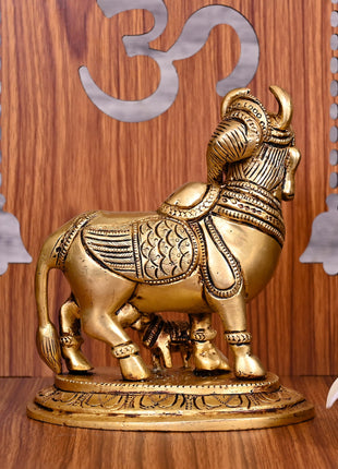 Brass Kamdhenu Cow With Calf Idol (5.5 Inch)