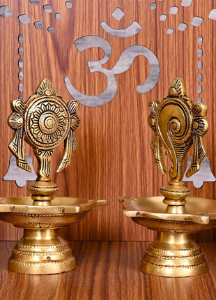 Brass Five Petal Shankh Chakra Diya Set (6 Inch)