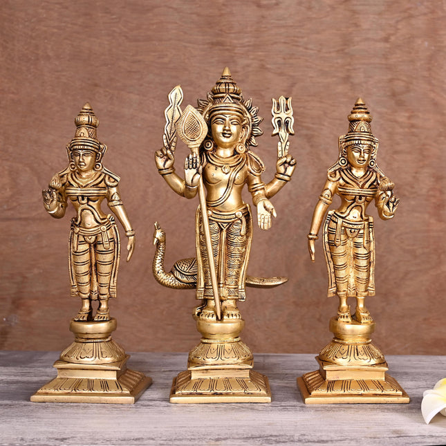 Brass Lord Murugan With Devasena And Valli Statues (11")