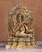 Brass Goddess Saraswati On Throne Statue (11 Inch)