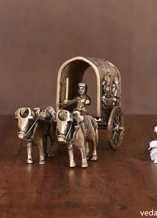 Brass Ganesha Lakshmi Double Bullock Cart (4 Inch)