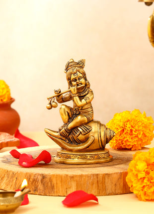 Brass Superfine Lord Krishna Sitting On Conch (5 Inch)