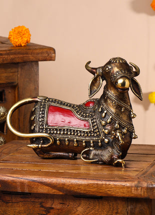 Brass Dhokra Sitting Cow With Calf Idol (6 Inch)