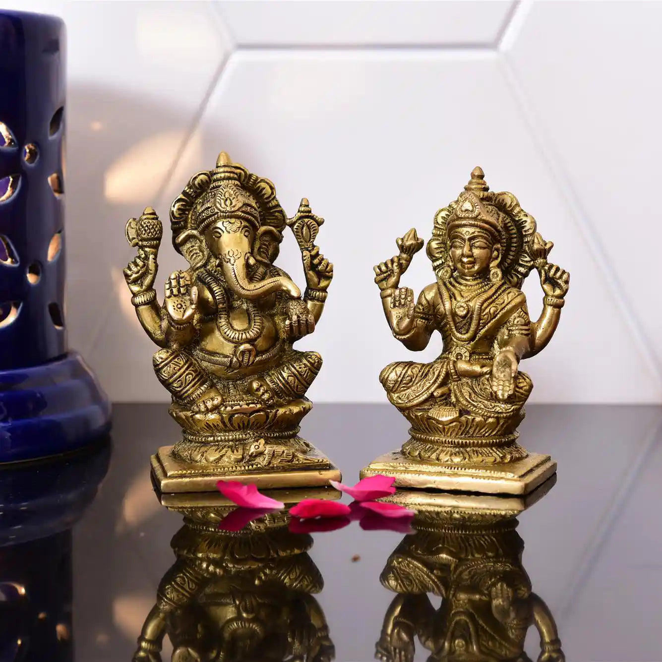 Brass Sitting Ganesha and Lakshmi Idol Set for Ganesh Chaturthi