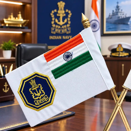 Brass National With Indian Army, Navy & Air Force Flags With Stand (12 Inch)