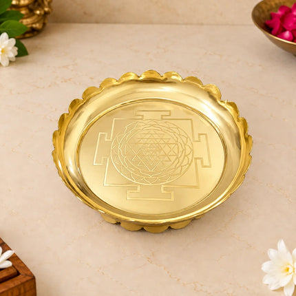 Brass Shree Yantra Engraved Lotus Plate With Stand (5.5 Inch)