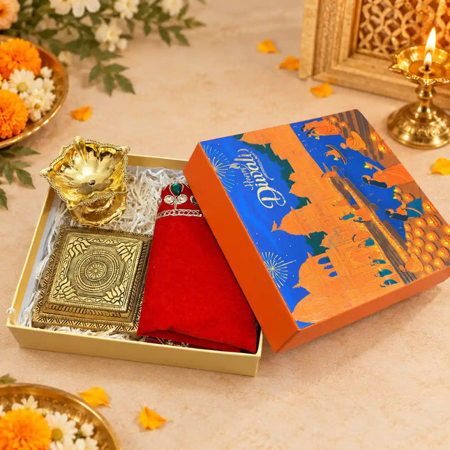 Brass Diwali Gift Hamper with Diya, Chowki and Pooja Asana