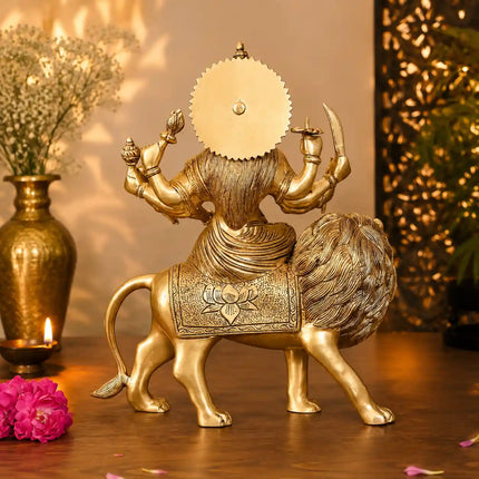 Brass Goddess Durga Sitting on Lion Superfine Idol (16.5 Inch)