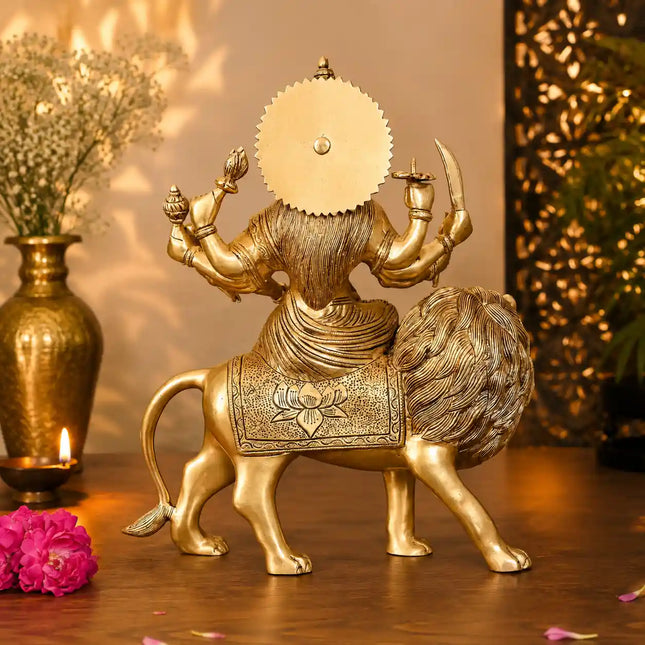 Brass Goddess Durga Sitting on Lion Superfine Idol (16.5 Inch)