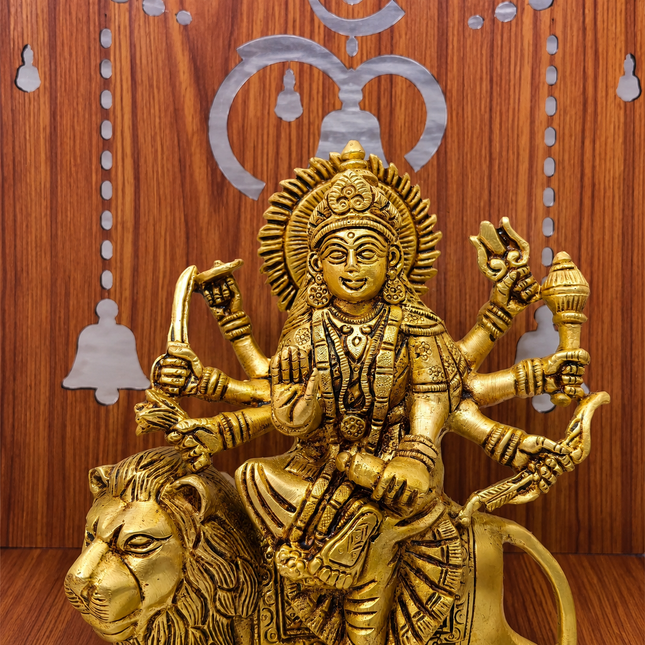 Brass Goddess Durga Sitting on Lion Statue (8.5 Inch)
