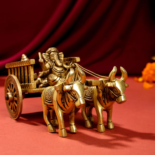 Brass Ganesha With Riddhi & Siddhi Double Bullock Cart (4 Inch)