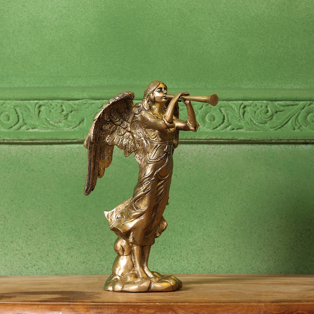 Brass Trumpet Blowing Angel Statue (10 Inch)