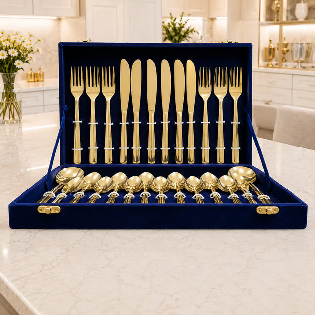 Brass Cutlery Flatware Set With Velvet Gift Box - 26 Pieces