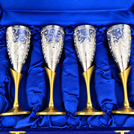 Brass Silver Plated Champagne Engraved Wine Glass Pair With Velvet Box (6.5 Inch)