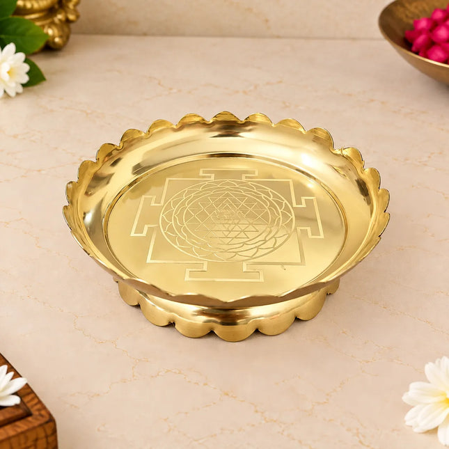 Brass Shree Yantra Engraved Lotus Plate With Stand (5.5 Inch)