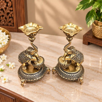 Brass Lightweight Diya Pair On Dancing Elephant (5.2 Inch)