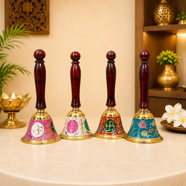 Brass Hand Painted Meenakari Handbell With Wooden Handle (7.5 Inch)