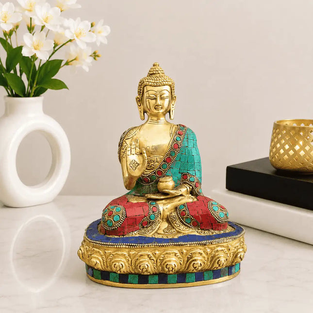 Brass Stone Work Blessing Sitting Buddha Statue