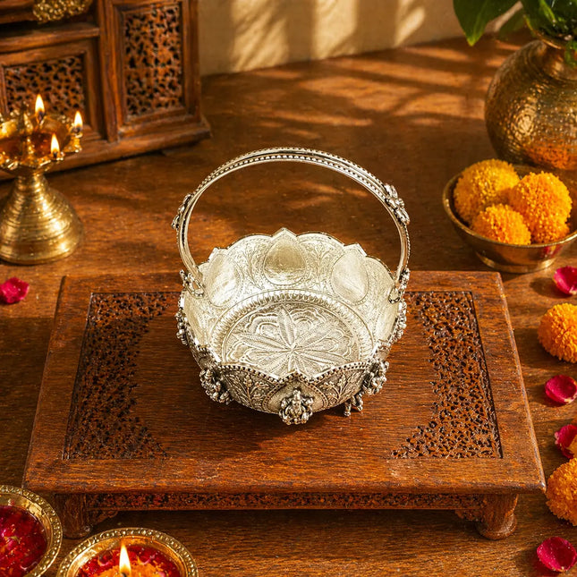 Brass Silver Plated Ashtalakshmi Basket With Handle And Elephant Leg (5 Inch)