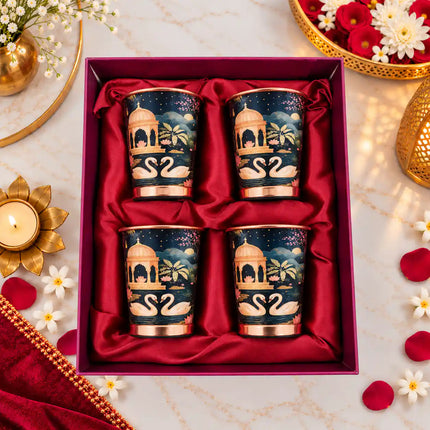 Copper Kalakriti Print Glass Set of Four With Gift Box/Hamper (3.5 Inch)