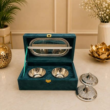 Brass Silver Plated Twin Bowl Set with Lids And Tray (3 Inch)