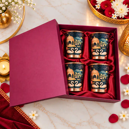 Copper Kalakriti Print Glass Set of Four With Gift Box/Hamper (3.5 Inch)