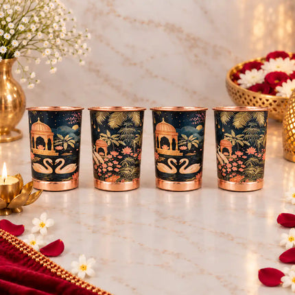 Copper Kalakriti Print Glass Set of Four With Gift Box/Hamper (3.5 Inch)