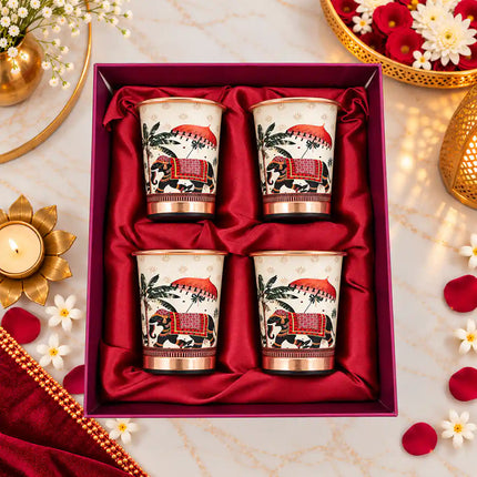 Copper Kalakriti Print Glass Set of Four With Gift Box/Hamper (3.5 Inch)