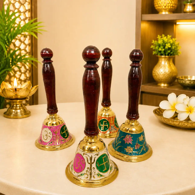 Brass Hand Painted Meenakari Handbell With Wooden Handle (7.5 Inch)
