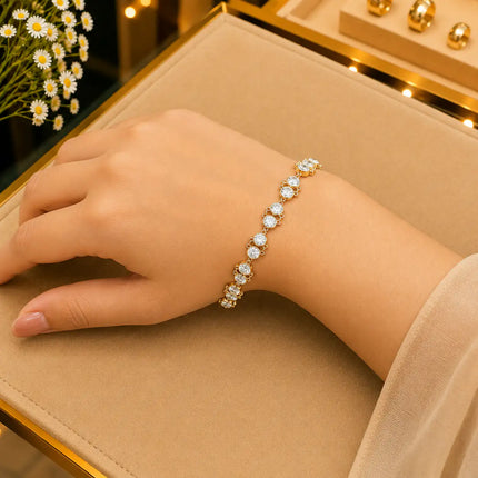 Tennis White Diamonds Bracelet Gold-Tone Clasp With Box